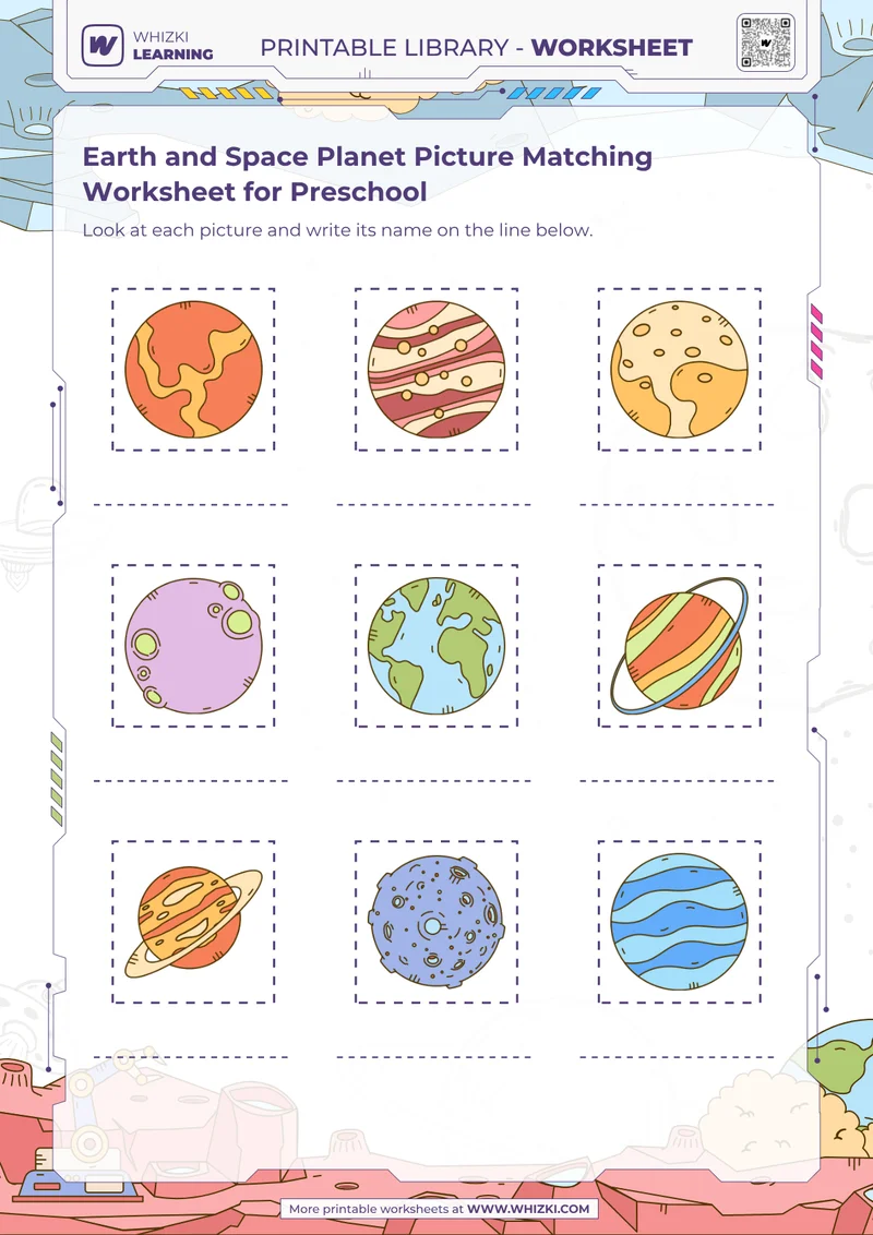 Earth and Space Planet Picture Matching Worksheet for Preschool
