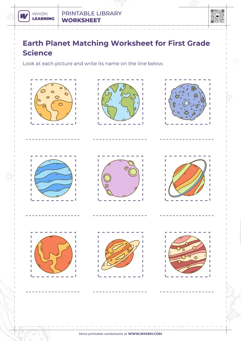 Earth Planet Matching Worksheet for First Grade Science