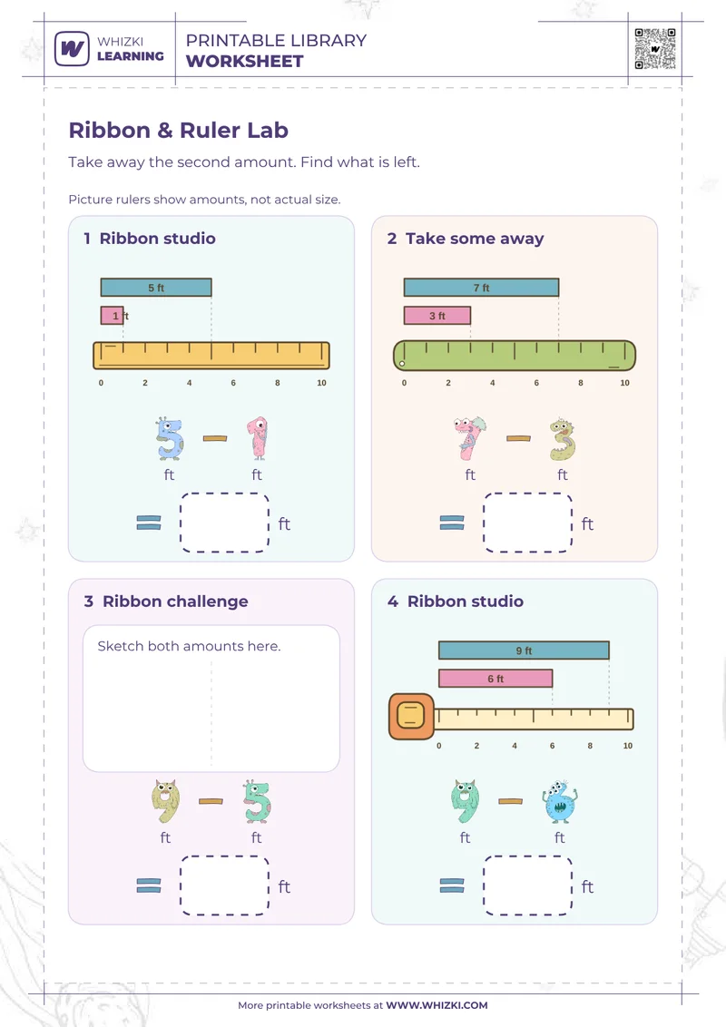 Feet Measurement Subtraction Worksheet