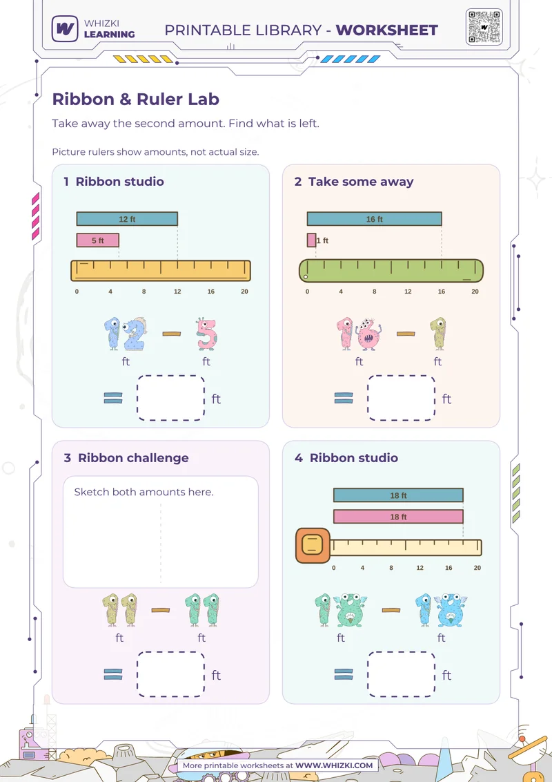 Feet Subtraction Measurement Worksheet