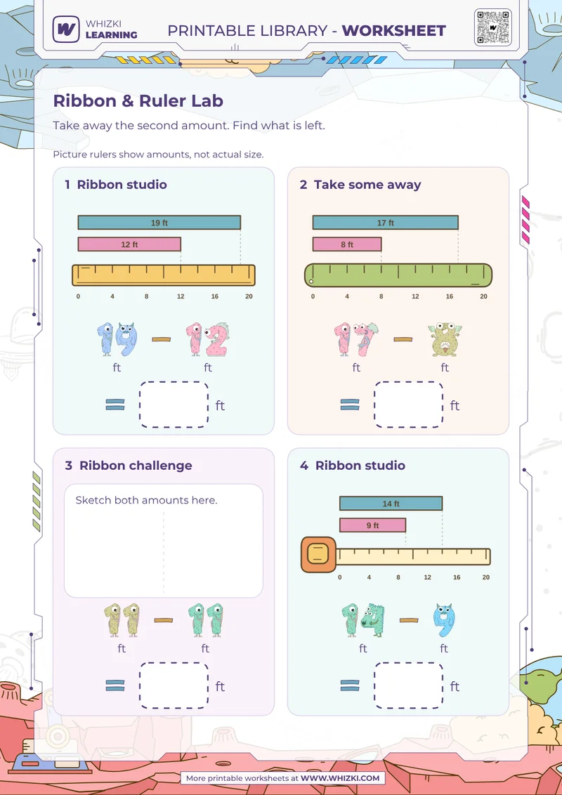 Feet Subtraction Measurement Worksheet