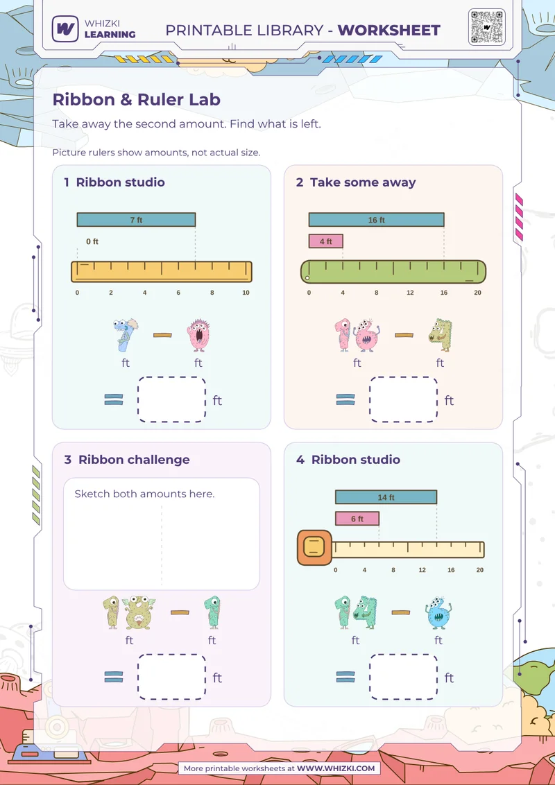 Feet Subtraction Measurement Worksheet