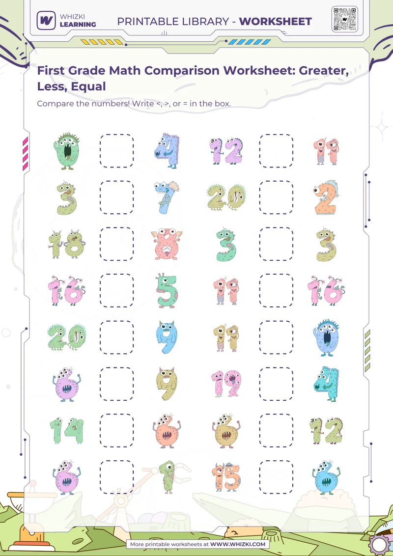 First Grade Math Comparison Worksheet: Greater, Less, Equal