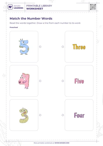 Five, Four, Three Number Words Matching Worksheet
