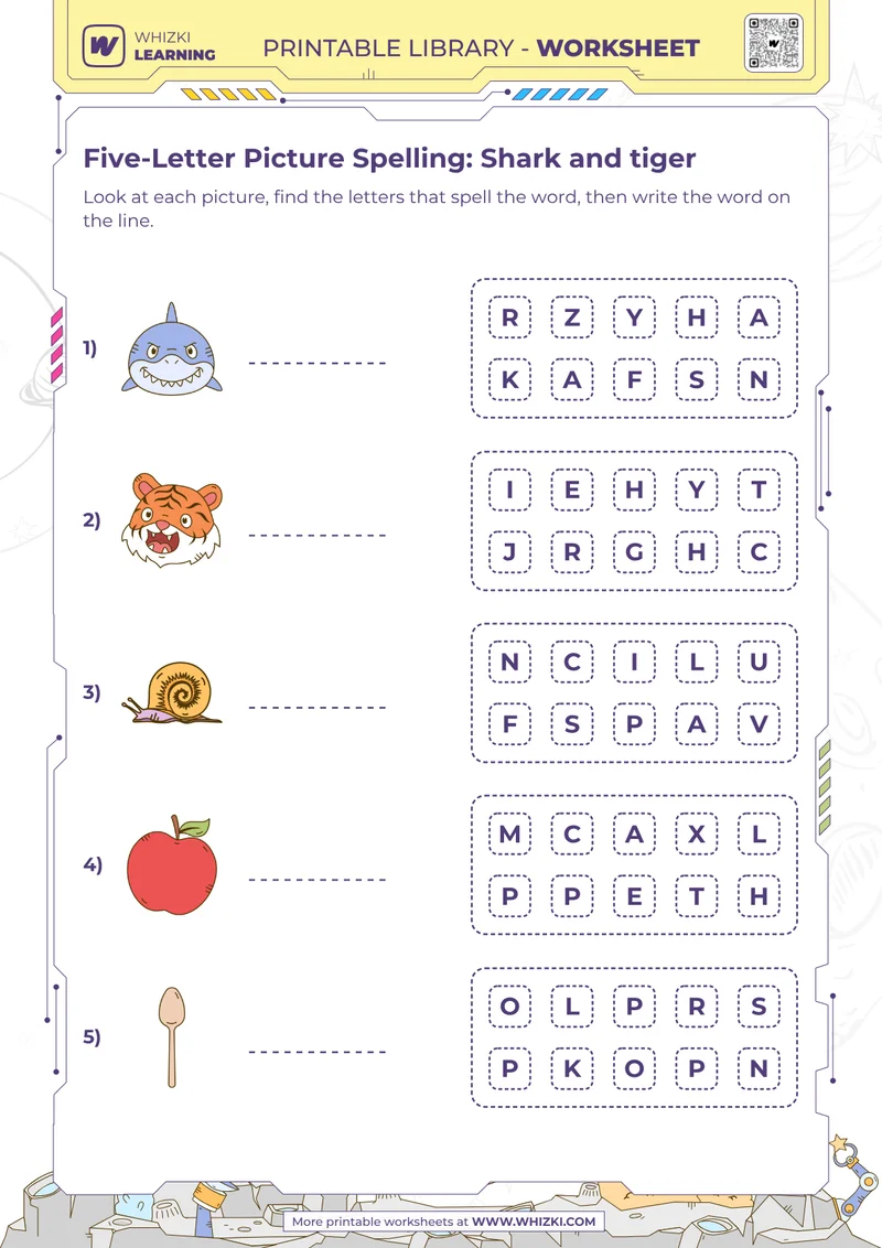 Five-Letter Picture Spelling: Shark and tiger