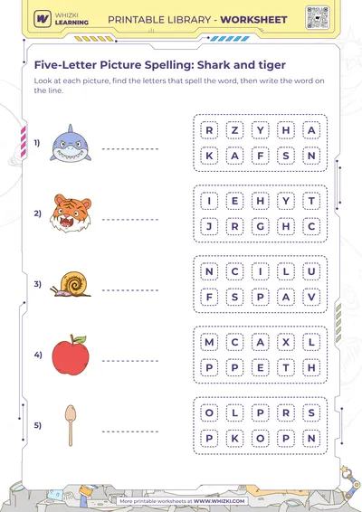 Five-Letter Picture Spelling: Shark and tiger