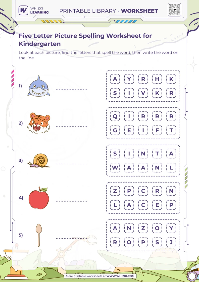 Five Letter Picture Spelling Worksheet for Kindergarten