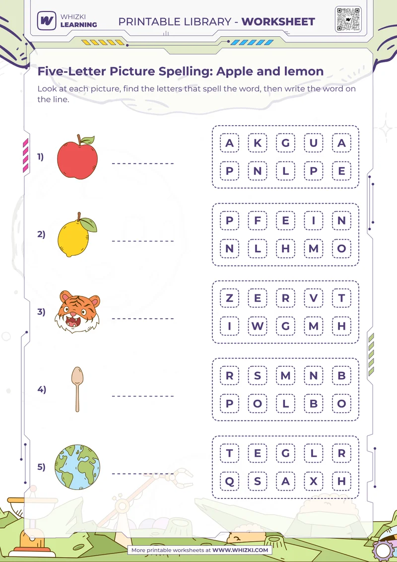 Five-Letter Picture Spelling: Apple and lemon