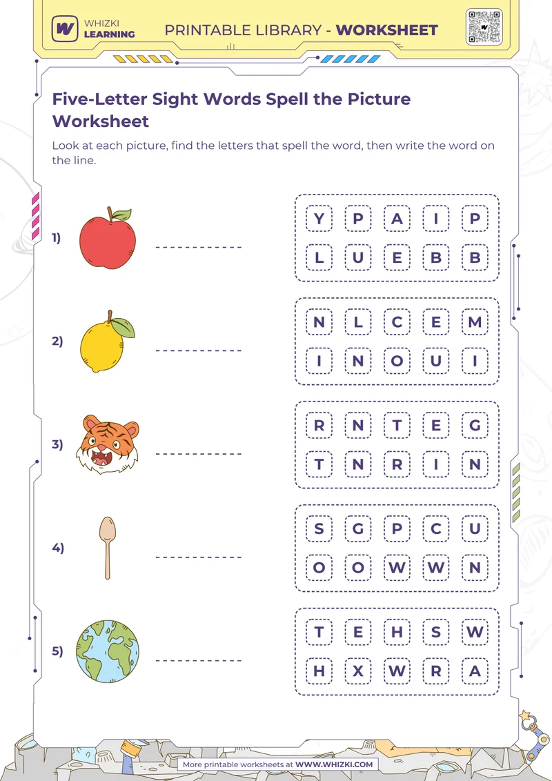Five-Letter Sight Words Spell the Picture Worksheet