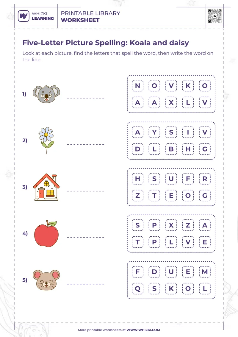Five-Letter Picture Spelling: Koala and daisy