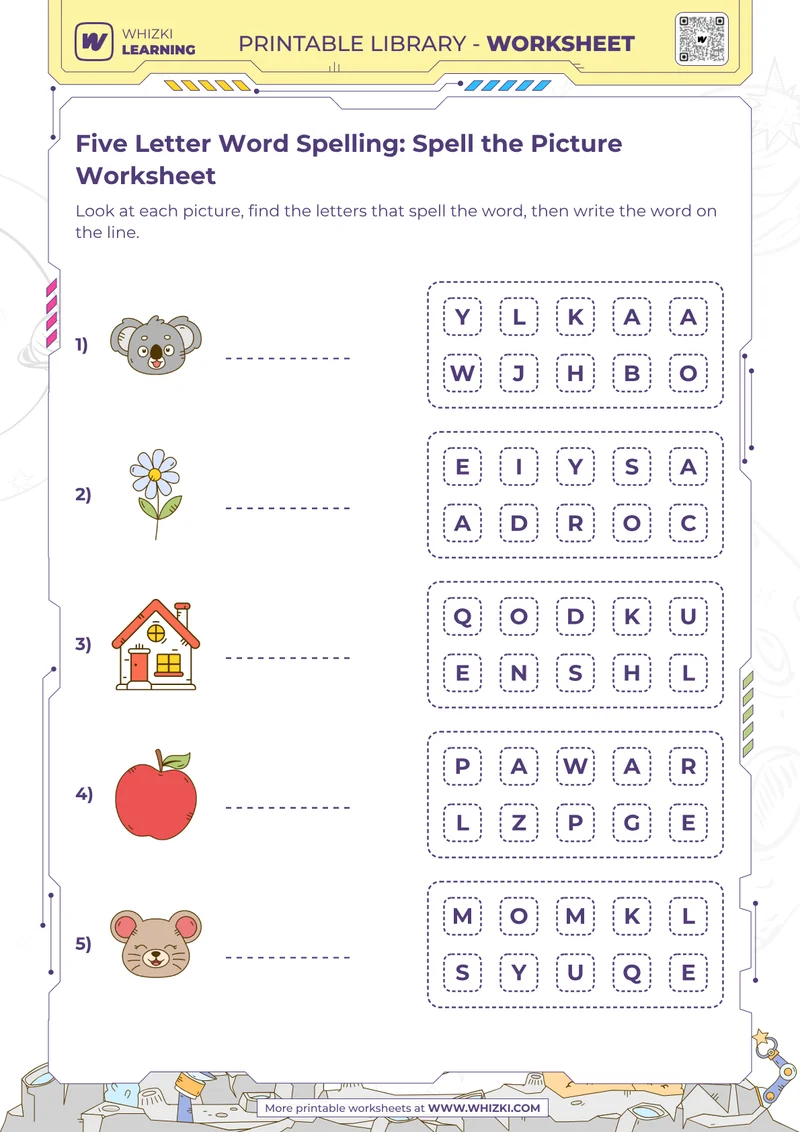 Five Letter Word Spelling: Spell the Picture Worksheet