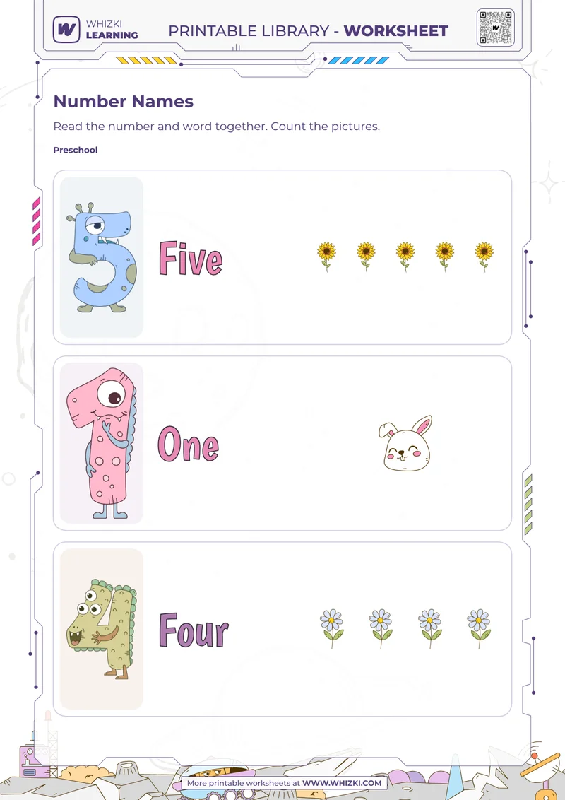 Five, One, and Four Number Cards Worksheet