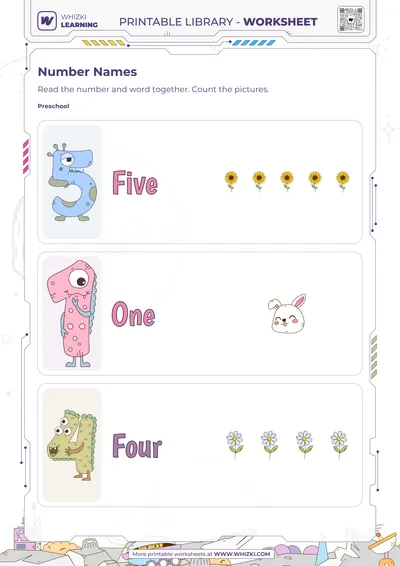 Five, One, and Four Number Cards Worksheet