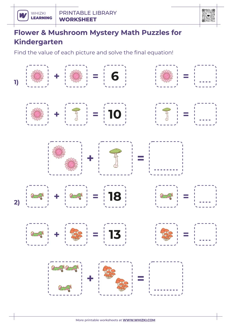 Flower & Mushroom Mystery Math Puzzles for Kindergarten