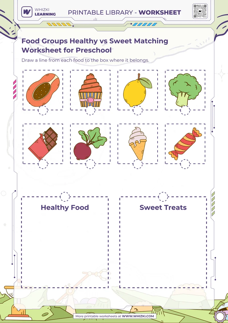 Food Groups Healthy vs Sweet Matching Worksheet for Preschool