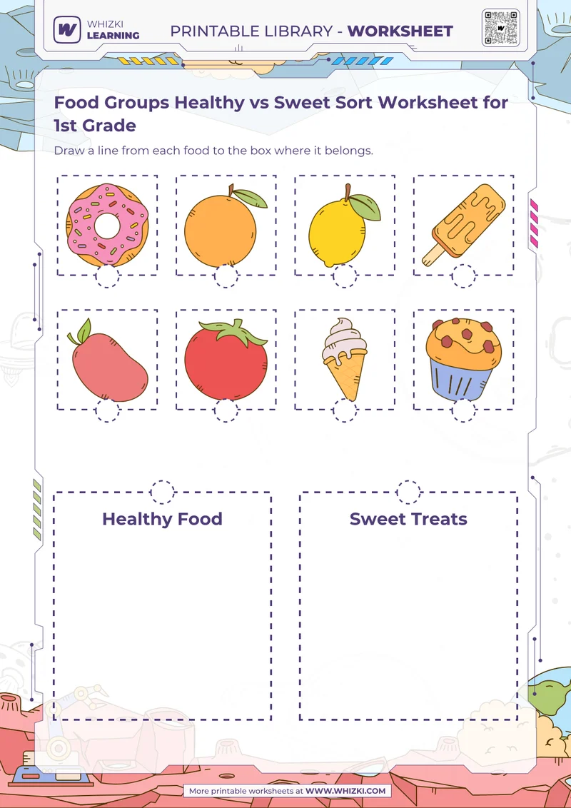 Food Groups Healthy vs Sweet Sort Worksheet for 1st Grade