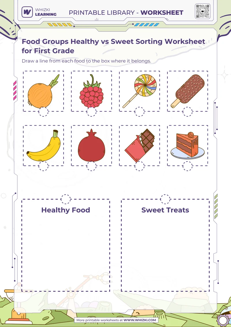 Food Groups Healthy vs Sweet Sorting Worksheet for First Grade