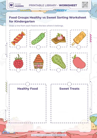 Food Groups Healthy vs Sweet Sorting Worksheet for Kindergarten