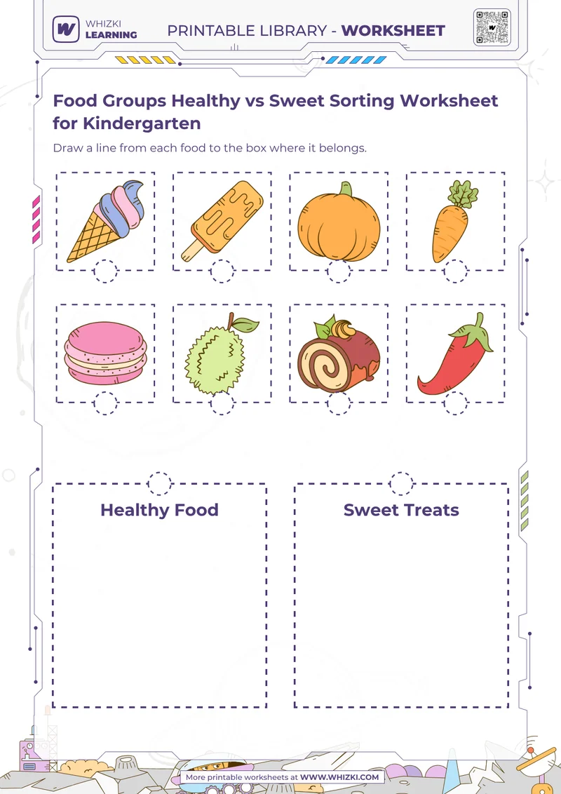 Food Groups Healthy vs Sweet Sorting Worksheet for Kindergarten