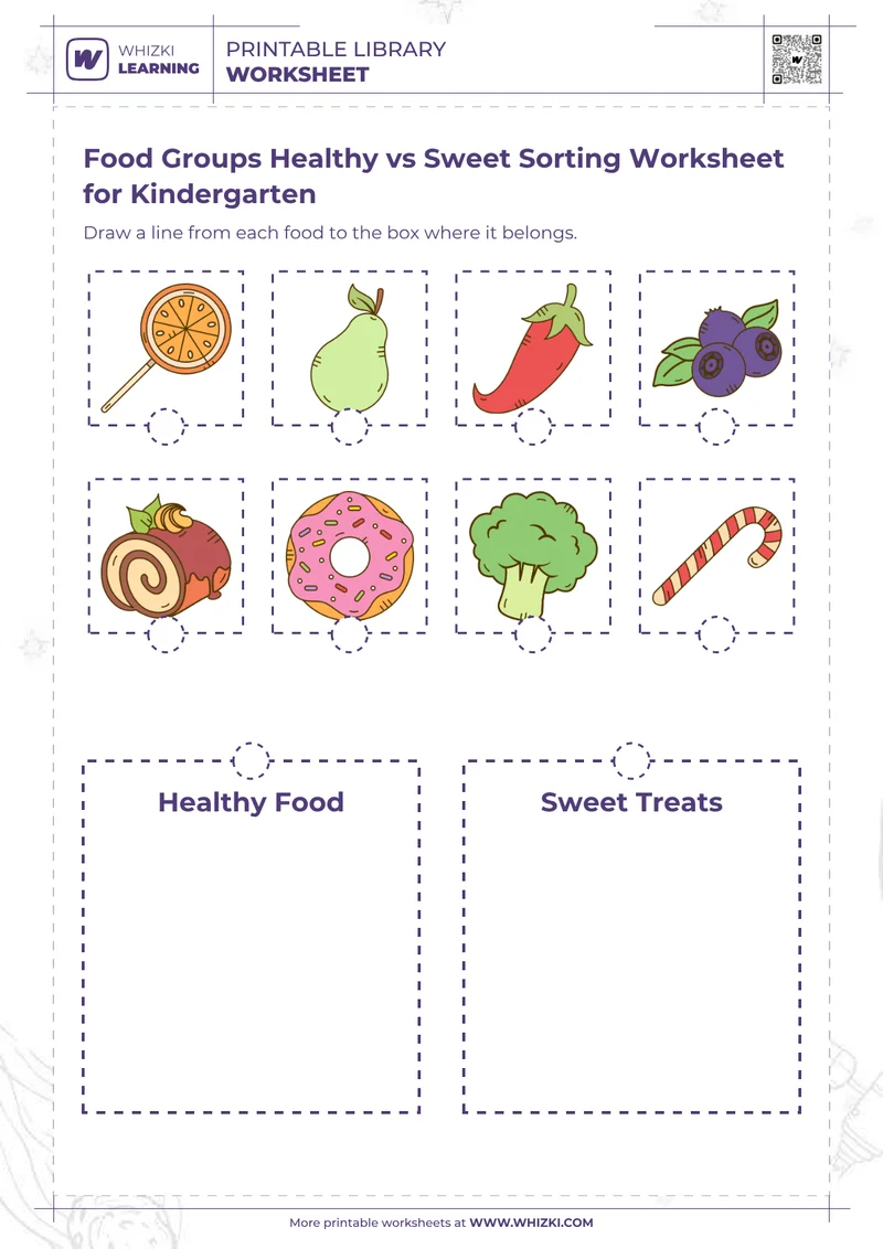 Food Groups Healthy vs Sweet Sorting Worksheet for Kindergarten