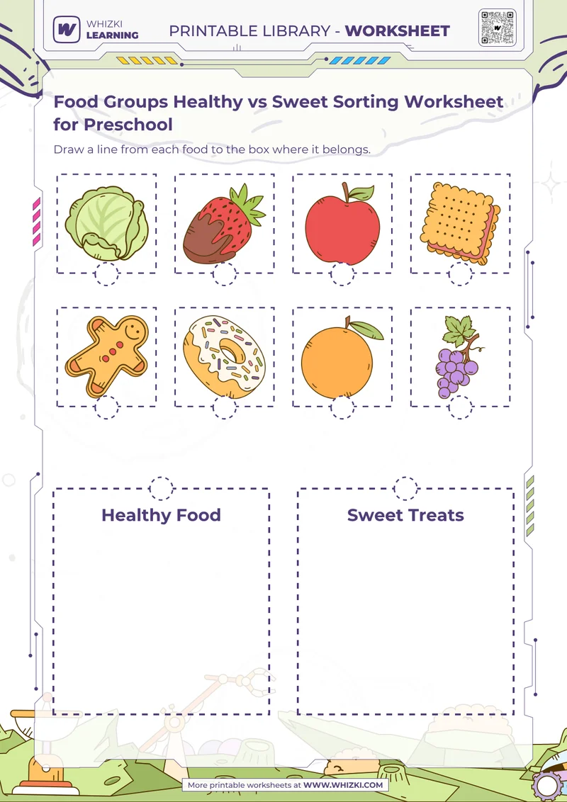 Food Groups Healthy vs Sweet Sorting Worksheet for Preschool