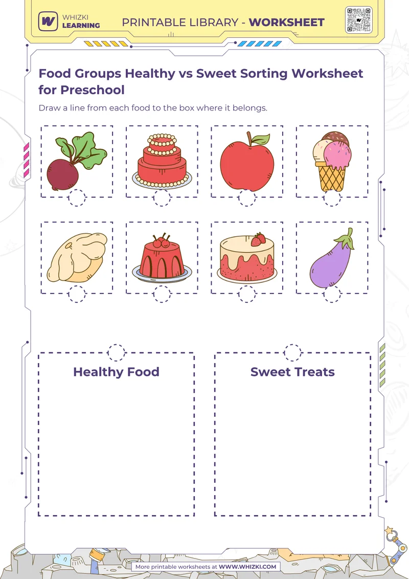 Food Groups Healthy vs Sweet Sorting Worksheet for Preschool