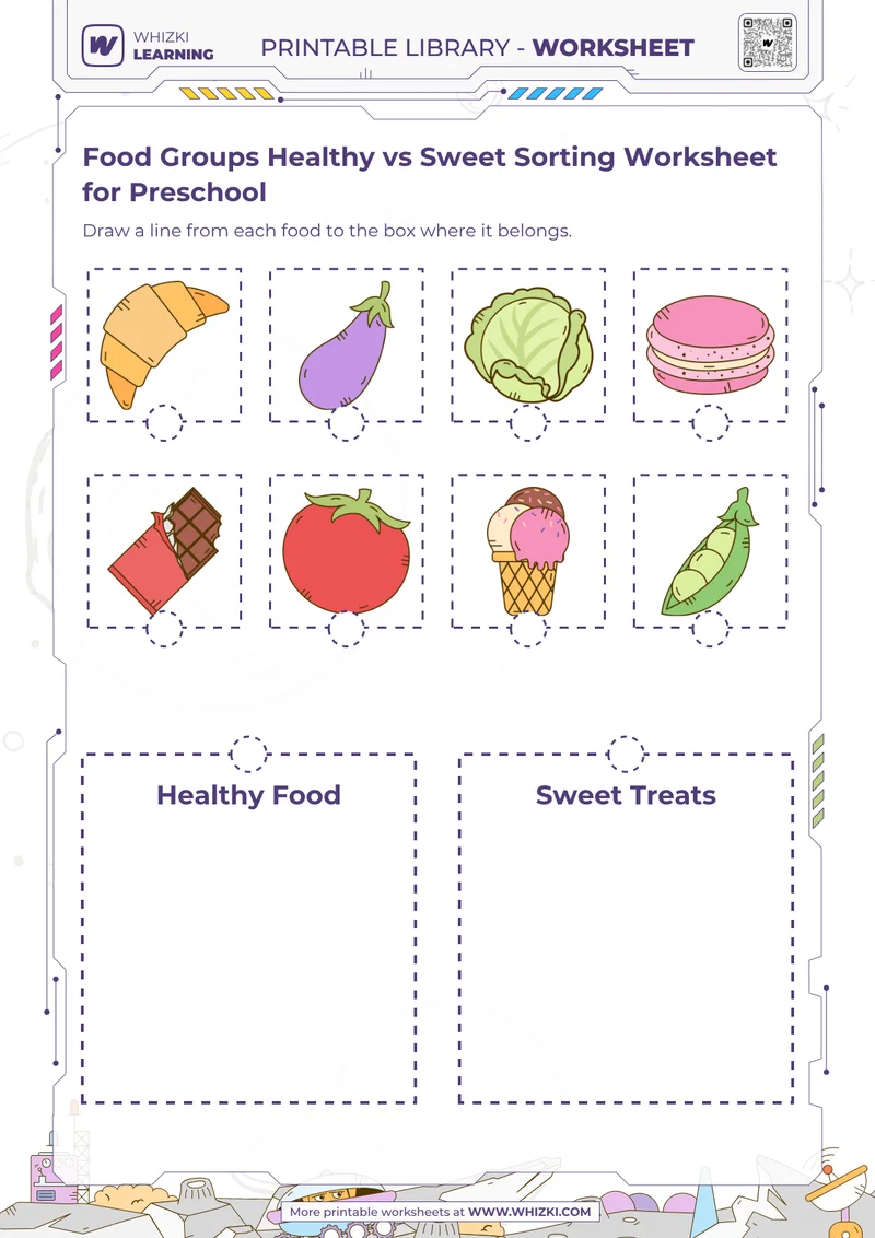 Food Groups Healthy vs Sweet Sorting Worksheet for Preschool