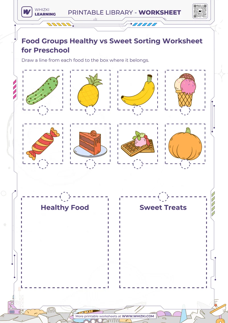 Food Groups Healthy vs Sweet Sorting Worksheet for Preschool