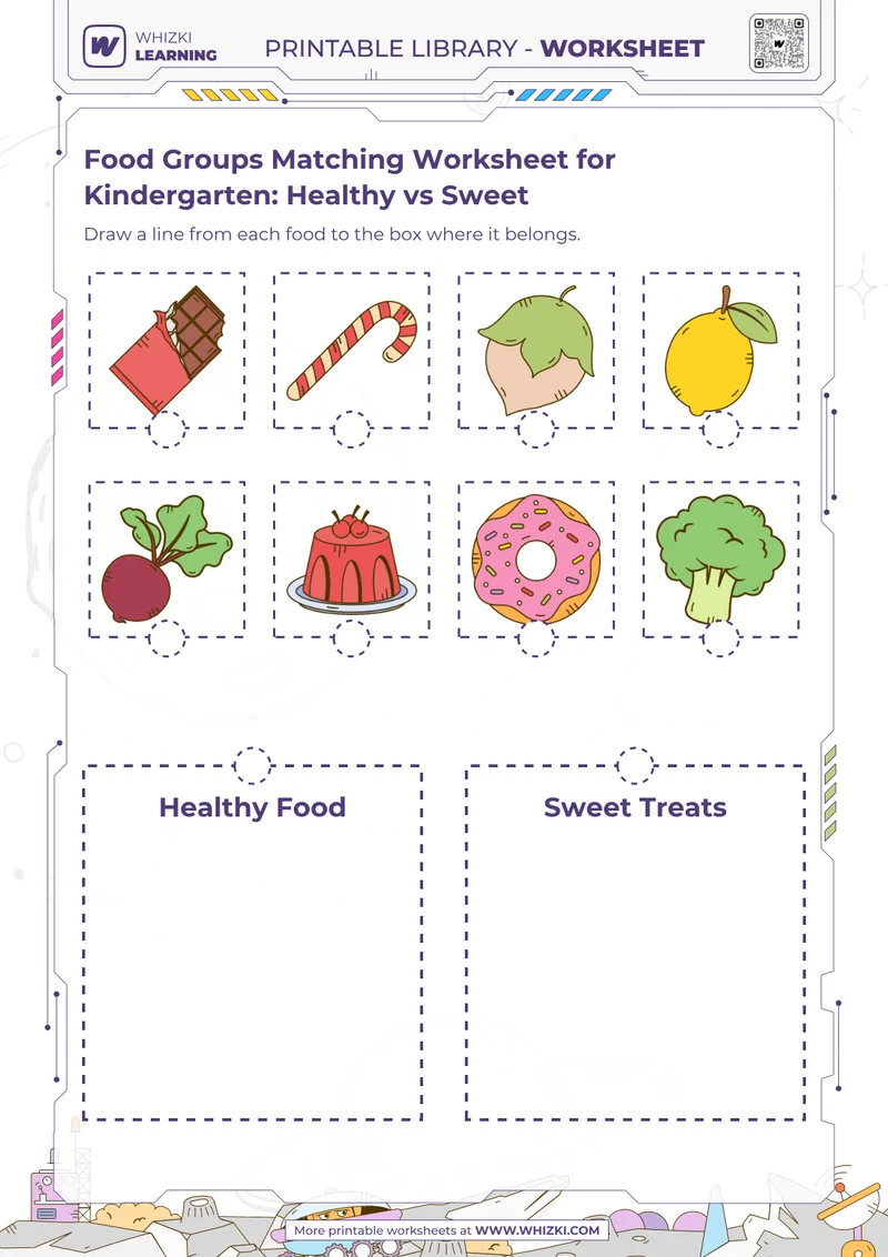 Food Groups Matching Worksheet for Kindergarten: Healthy vs Sweet