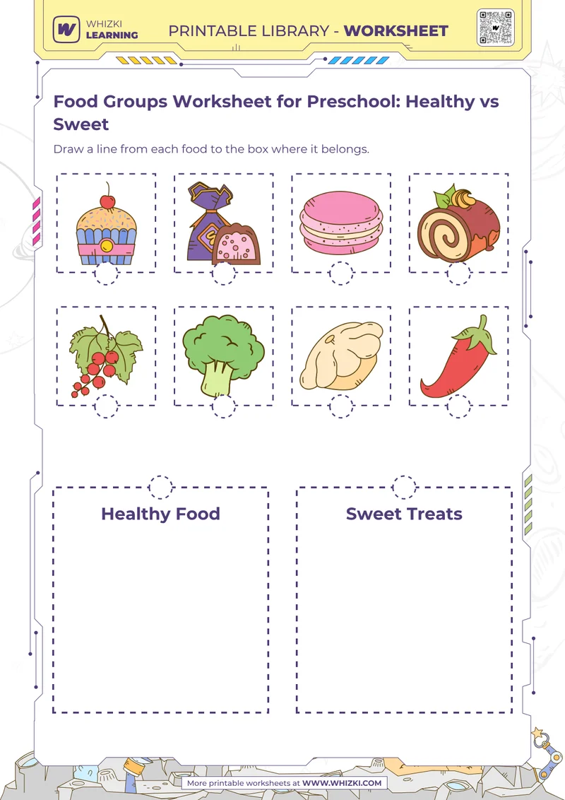 Food Groups Worksheet for Preschool: Healthy vs Sweet