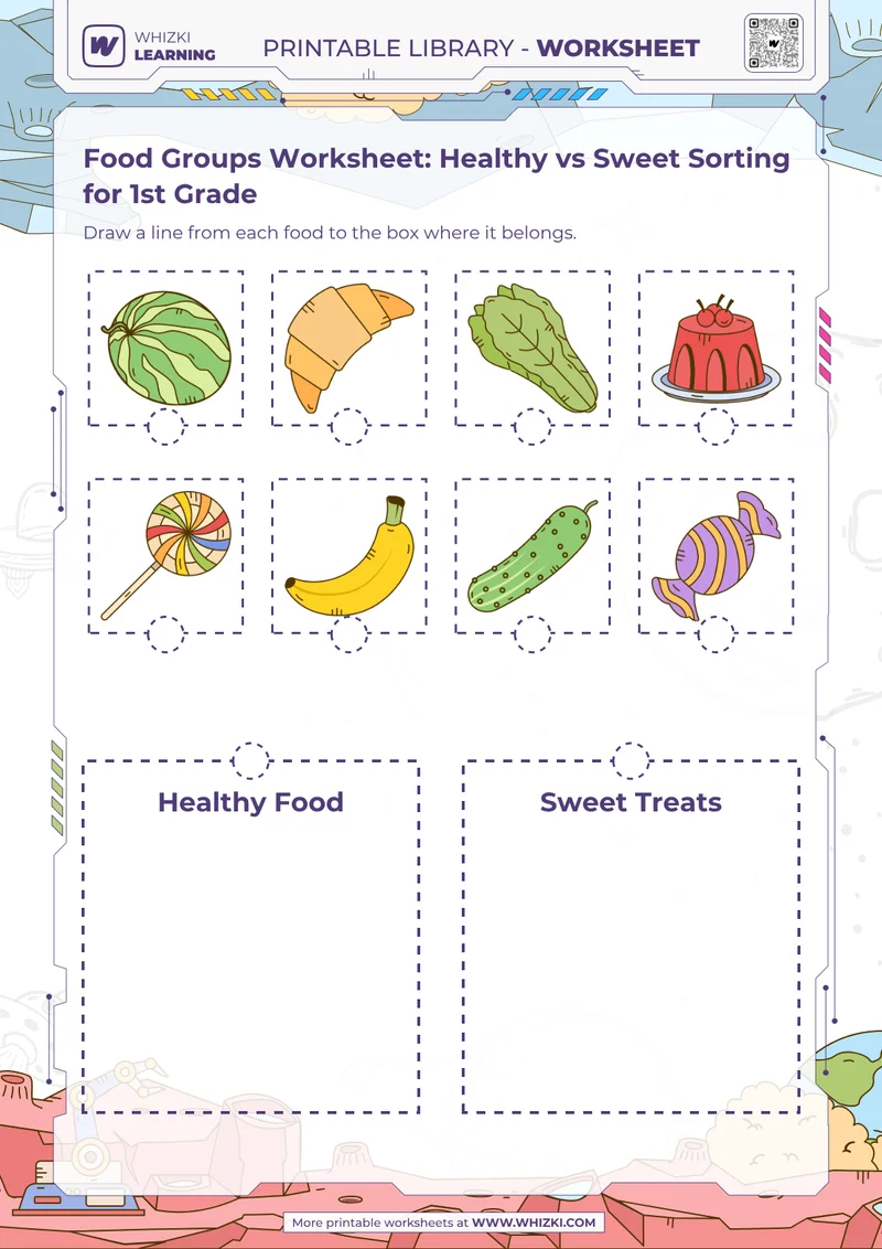 Food Groups Worksheet: Healthy vs Sweet Sorting for 1st Grade