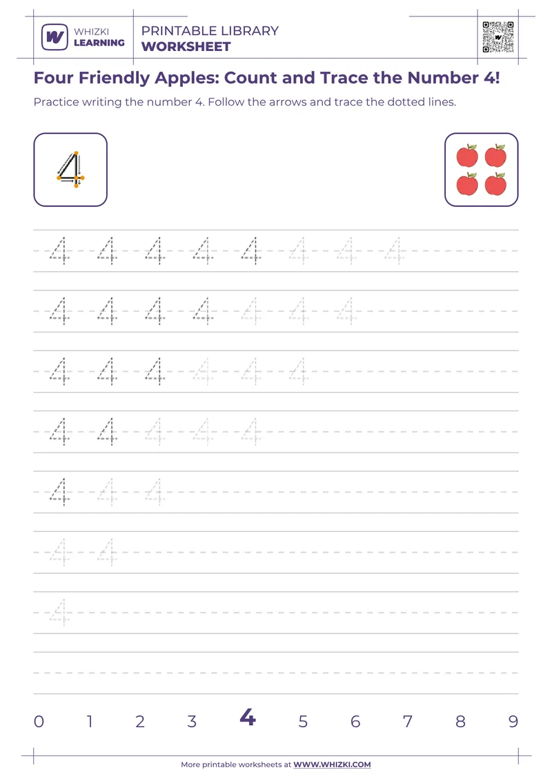Four Friendly Apples: Count and Trace the Number 4!