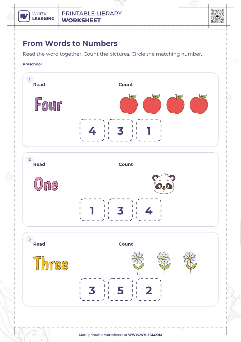 Four, One, and Three Number Word Worksheet