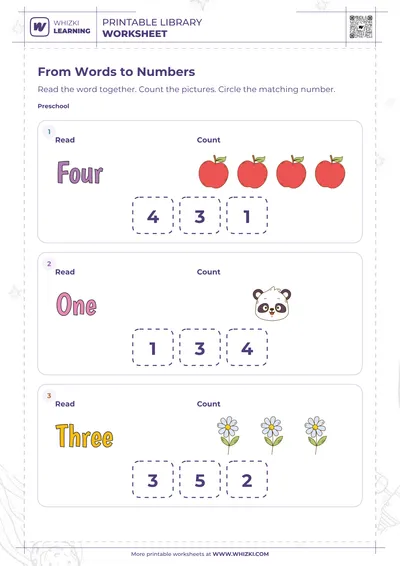 Four, One, and Three Number Word Worksheet