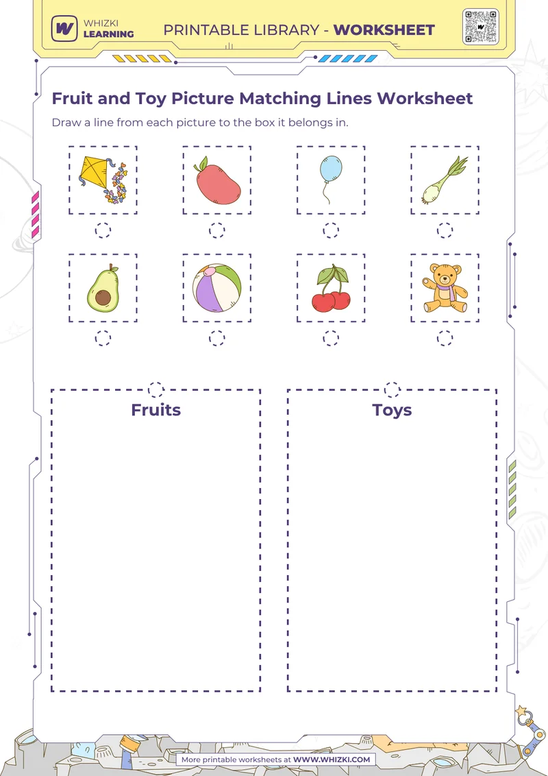 Fruit and Toy Picture Matching Lines Worksheet
