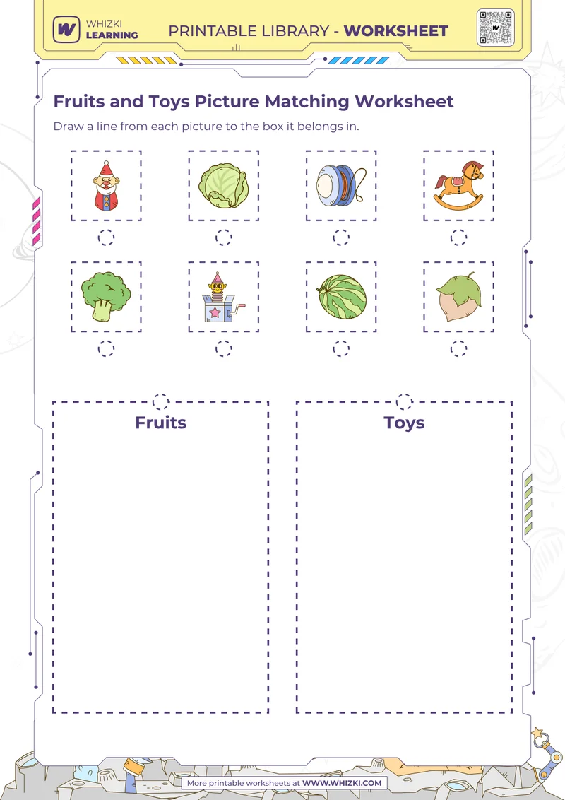 Fruits and Toys Picture Matching Worksheet