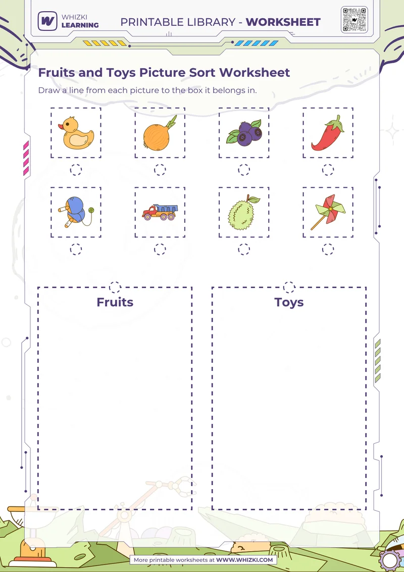 Fruits and Toys Picture Sort Worksheet