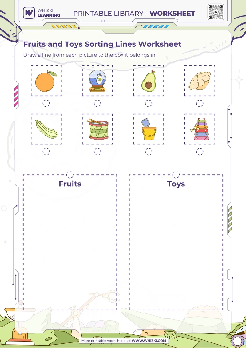 Fruits and Toys Sorting Lines Worksheet