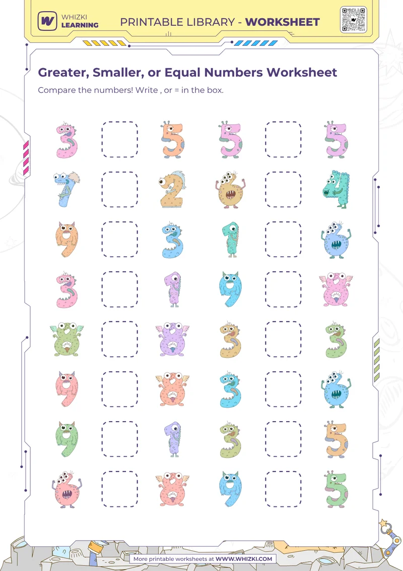 Greater, Smaller, or Equal Numbers Worksheet