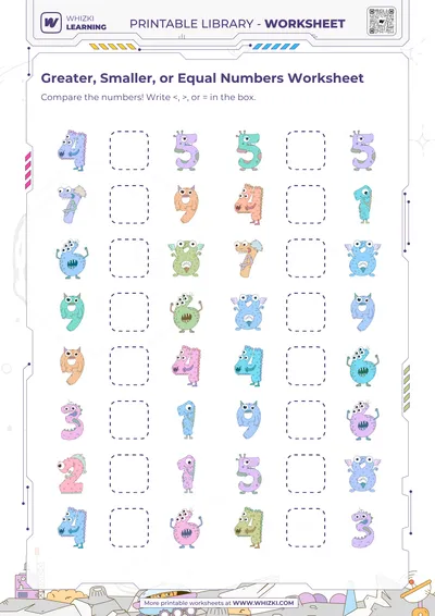 Greater, Smaller, or Equal Numbers Worksheet