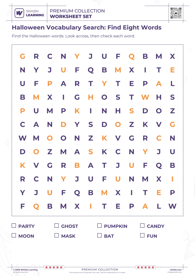 Halloween Vocabulary Search: Find Eight Words