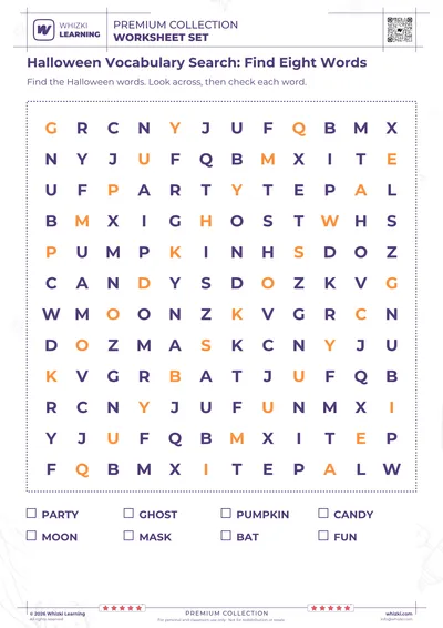 Halloween Vocabulary Search: Find Eight Words