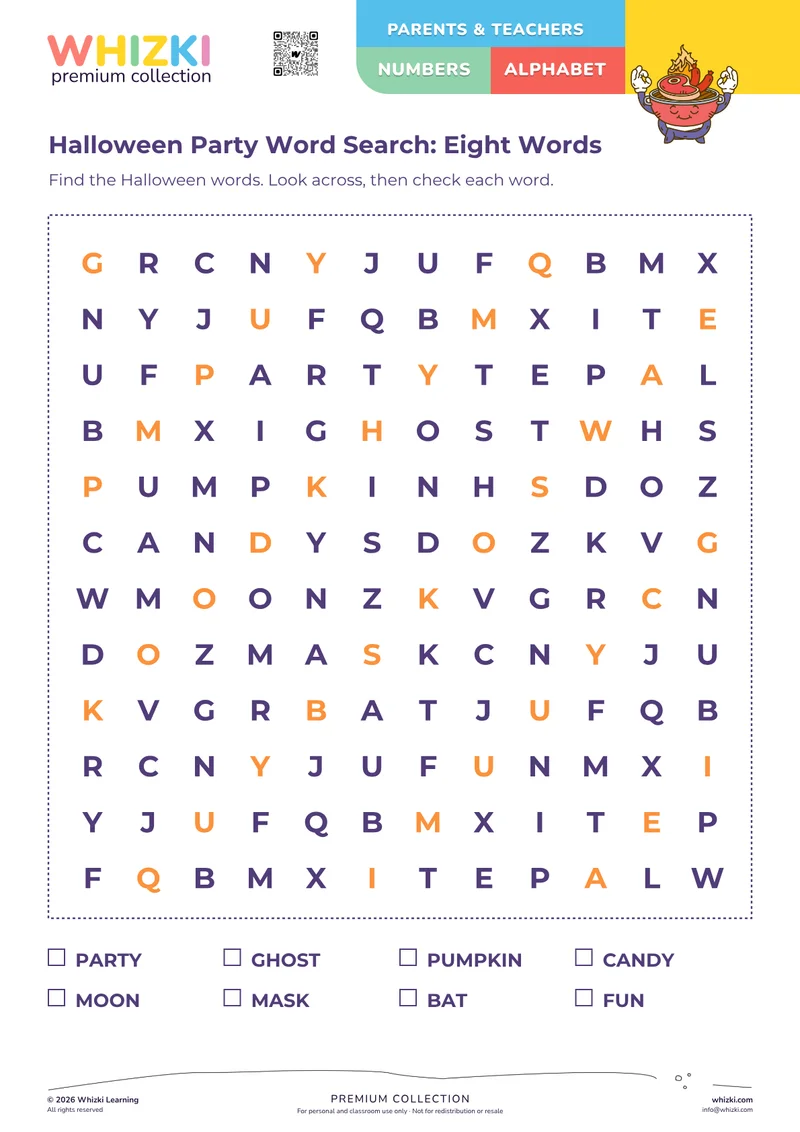 Halloween Party Word Search: Eight Words