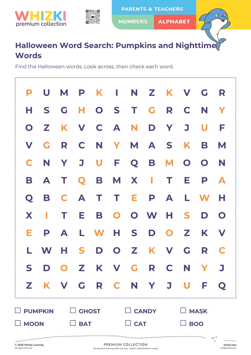 Halloween Word Search: Pumpkins and Nighttime Words