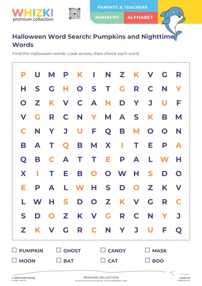 Halloween Word Search: Pumpkins and Nighttime Words