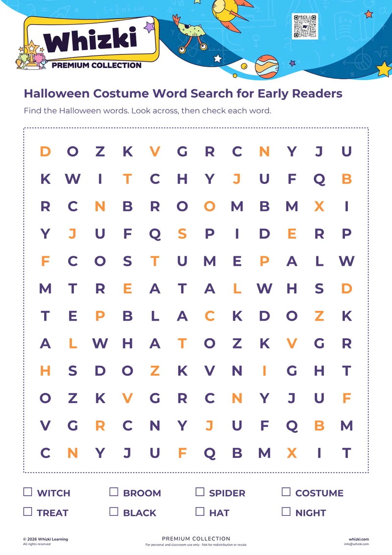 Halloween Costume Word Search for Early Readers