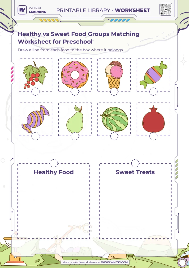 Healthy vs Sweet Food Groups Matching Worksheet for Preschool