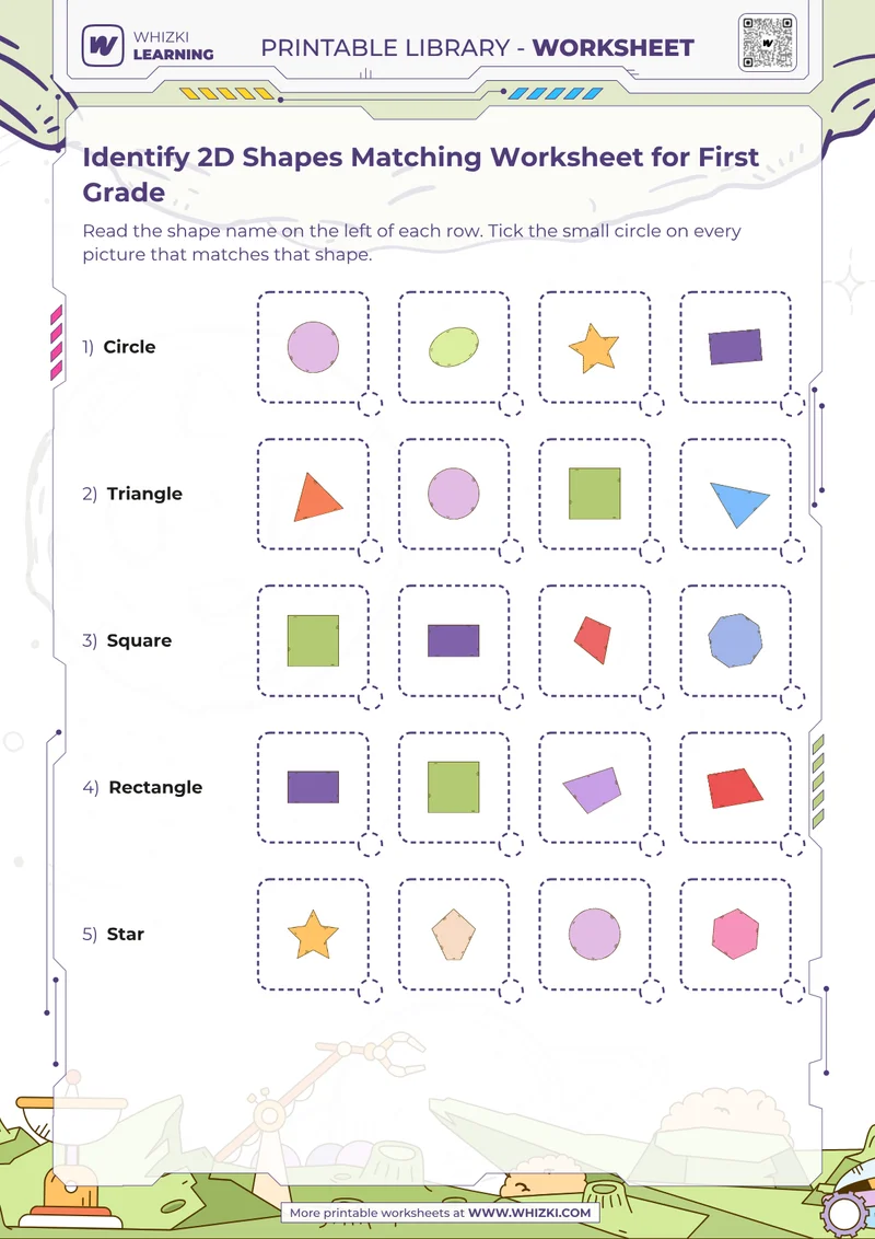 Identify 2D Shapes Matching Worksheet for First Grade