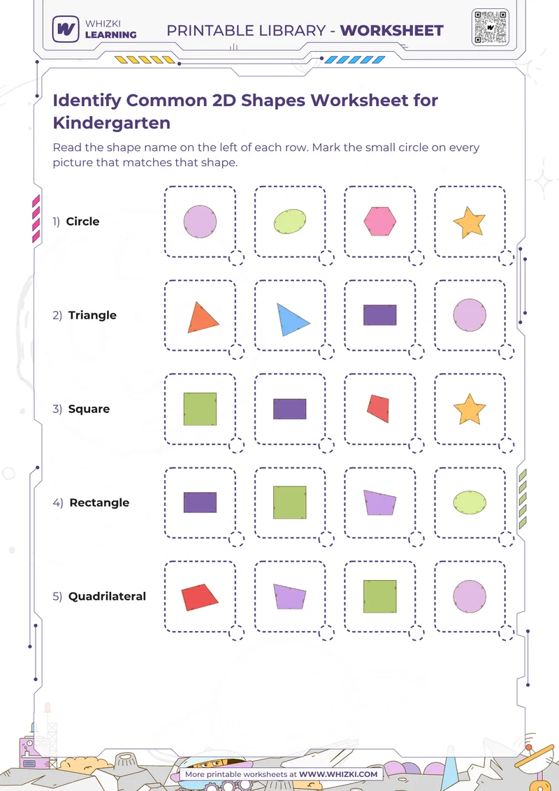 Identify Common 2D Shapes Worksheet for Kindergarten