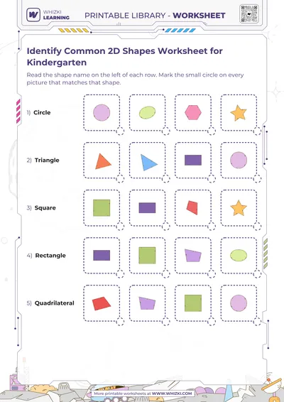 Identify Common 2D Shapes Worksheet for Kindergarten